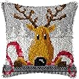Latch Hook Pillow Kit DIY Throw Pillow Cover Printed Canvas Reindeer Pattern Sewing Kit for Kids & Adults Christmas Decor 17'