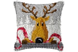 Ylkgogo Latch Hook Kit DIY Throw Pillow Cover Pre-Printed Reindeer Canvas Handicrafts for Kids & Adults Needlework Home Decoration 17'' x 17''