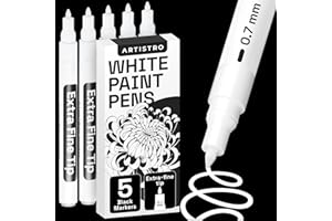 ARTISTRO 5 White Paint Pen for Glass Marking, Rock Painting, Ceramic, Wood, Tire, Fabric, Metal, Canvas - Set of 5 Acrylic Paint Markers Water-based - Extra-fine Tip