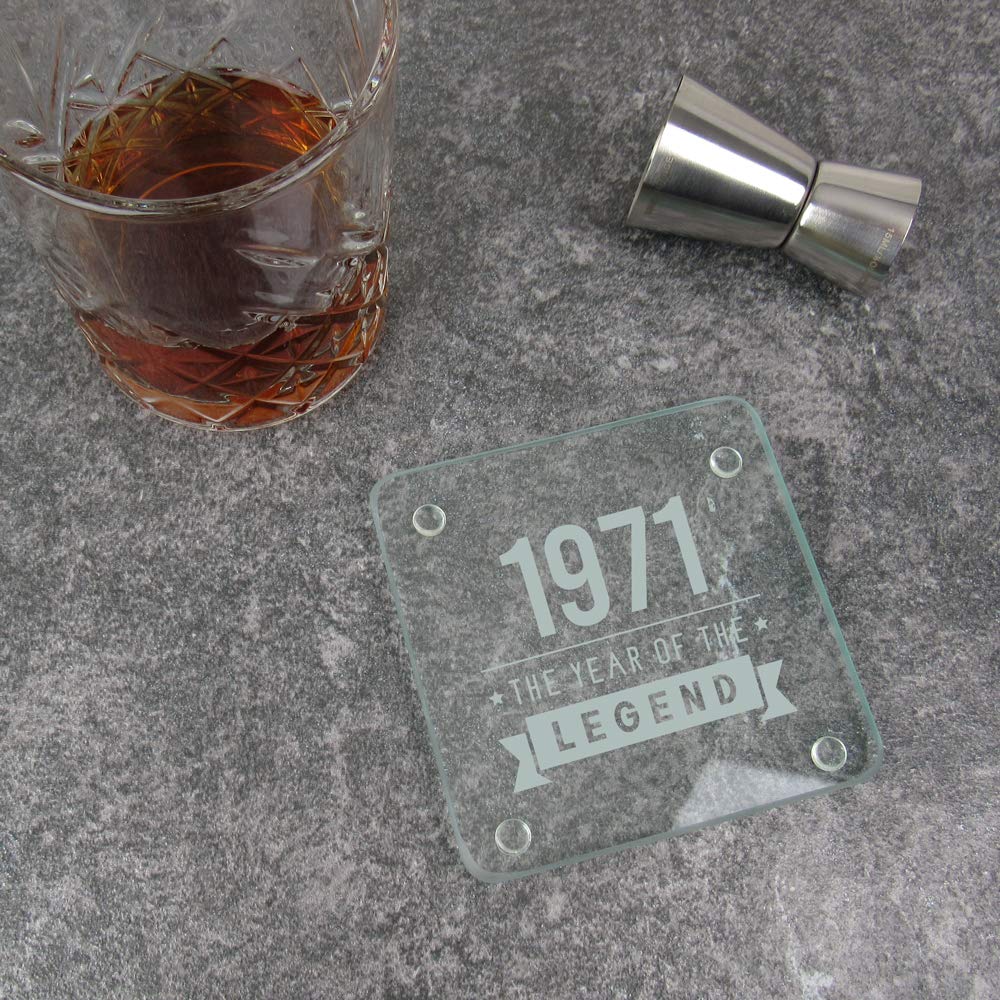 eBuyGB Drinks Mat, Placemat Engraved Square Coaster-1971 Year of The Legend Design-50th Birthday, Men-Fiftieth Gift for Dad, Uncle, Brother, Glass