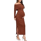 CYCLAMEN Off-Shoulder Maternity Sweater Dress Rib Knit Long Sleeve Dresses with Side Slit Pregnancy Clothes Baby Shower, Brown Orange, L