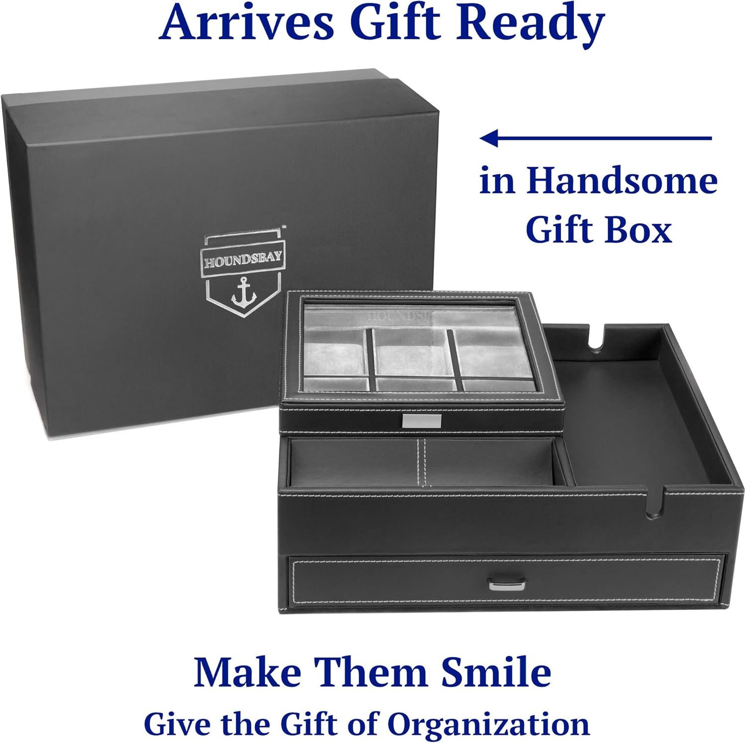 HOUNDSBAY Commander Dresser Valet Watch Box Case & Mens Jewelry Box Organizer with Smartphone Charging Station (Black/Gray): Home Improvement