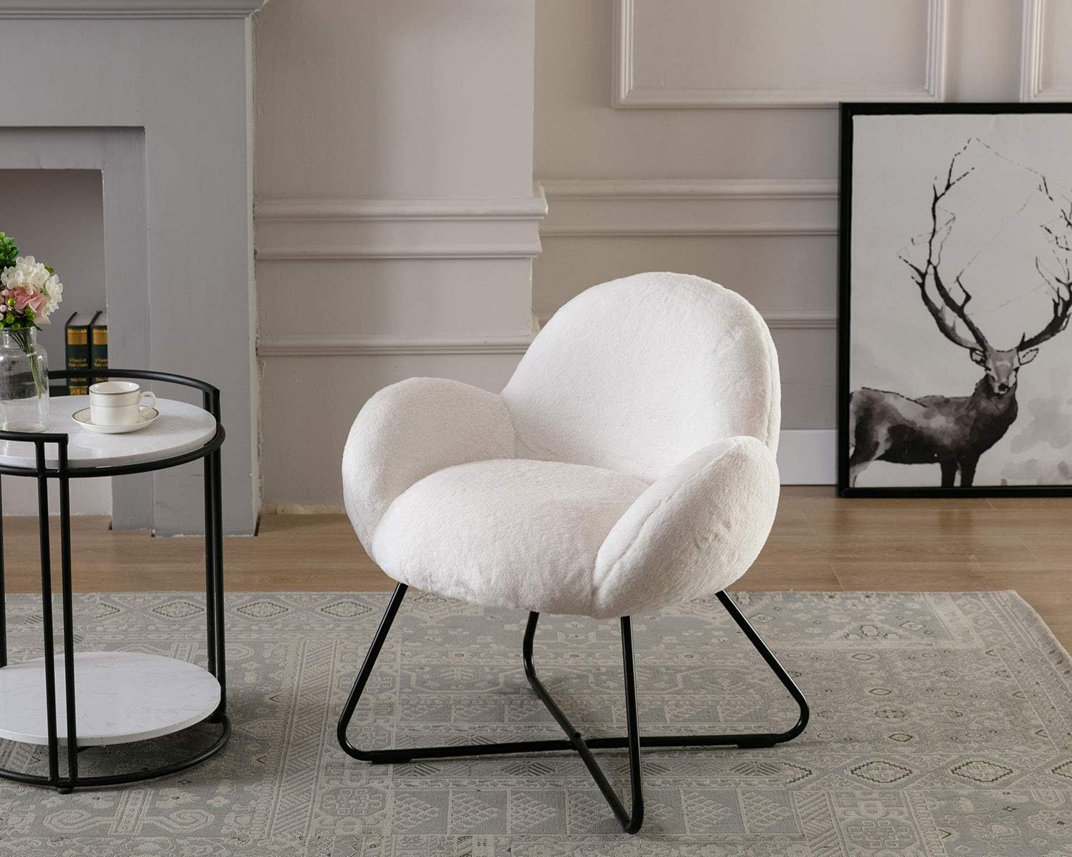 Guyou Mushroom Accent Chair Faux Fur Makeup Armchair Upholstery Sofa Plush Furniture For Kids Room With Black Metal Cross Legs Pink Kids Furniture Furniture