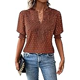 Falechay Womens Summer Tops Boho Short Sleeve Shirts V Neck Casual Chiffon Blouses Flowy Lace Hem Spring Clothing Trendy 2025
