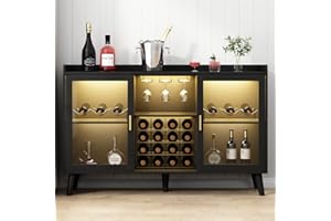 Gyfimoie Modern Wine Bar Cabinet with LED Light, Home Coffee Cabinet w Wine Rack and Glass Holder, Kitchen Sideboard Buffet Cabinet w Storage Shelf, Freestanding Liquor Cabinet w Glass Door (Black)