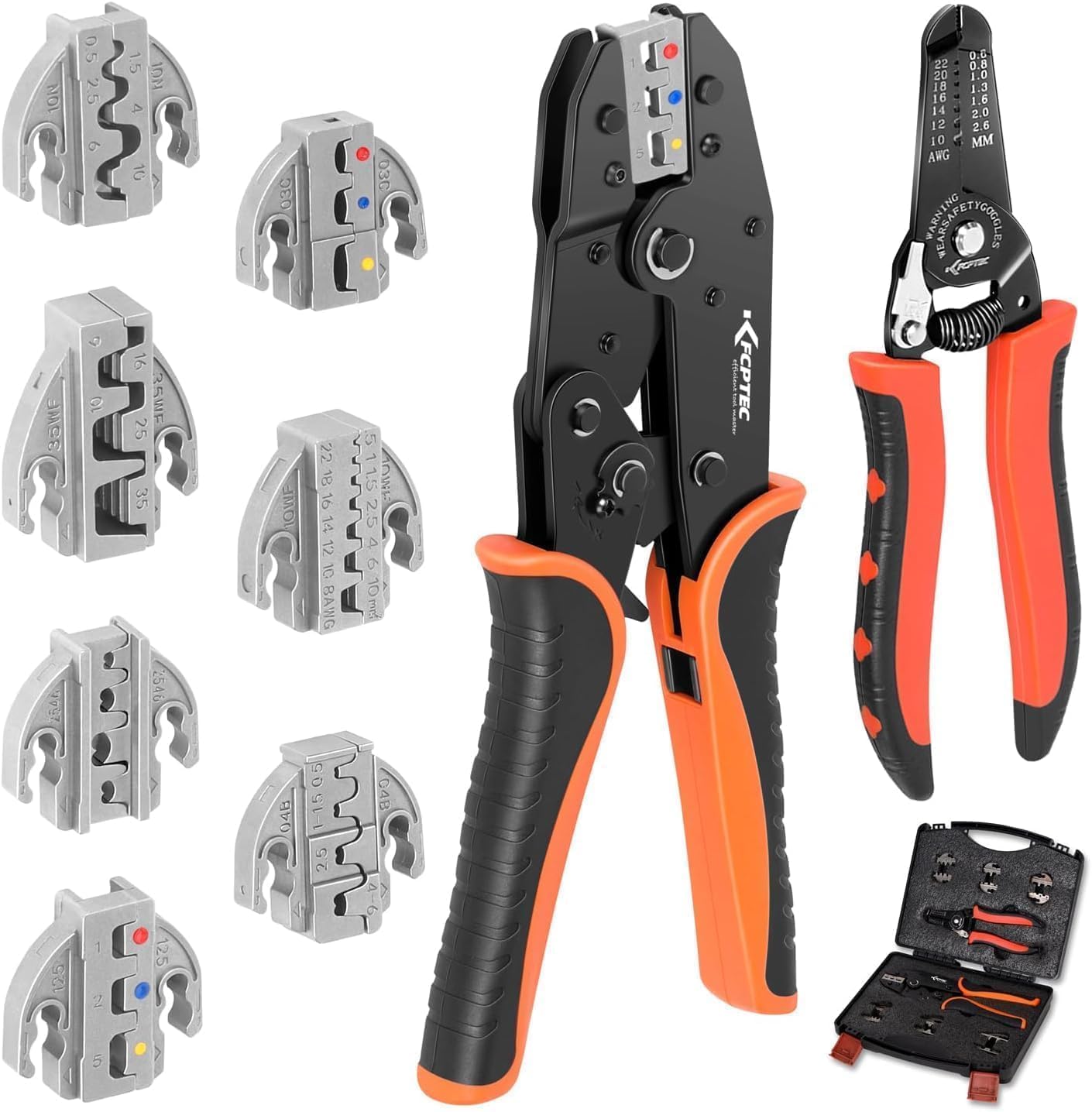 KF CPTEC Crimping Tool Set 9PCS - Ratcheting Wire Crimper Kit - Quick Change Jaw for Heat Shrink, Open Barrel, Insulated and Non-Insulated Ferrules Connectors, Wire Terminal Crimper KFN-30J