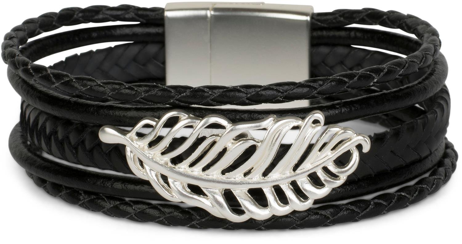 styleBREAKER tyleBREAKER bracelet with feather decorative element, braided look, braided, magnetic closure, wrap bracelet, ladies 05040106, color:Black
