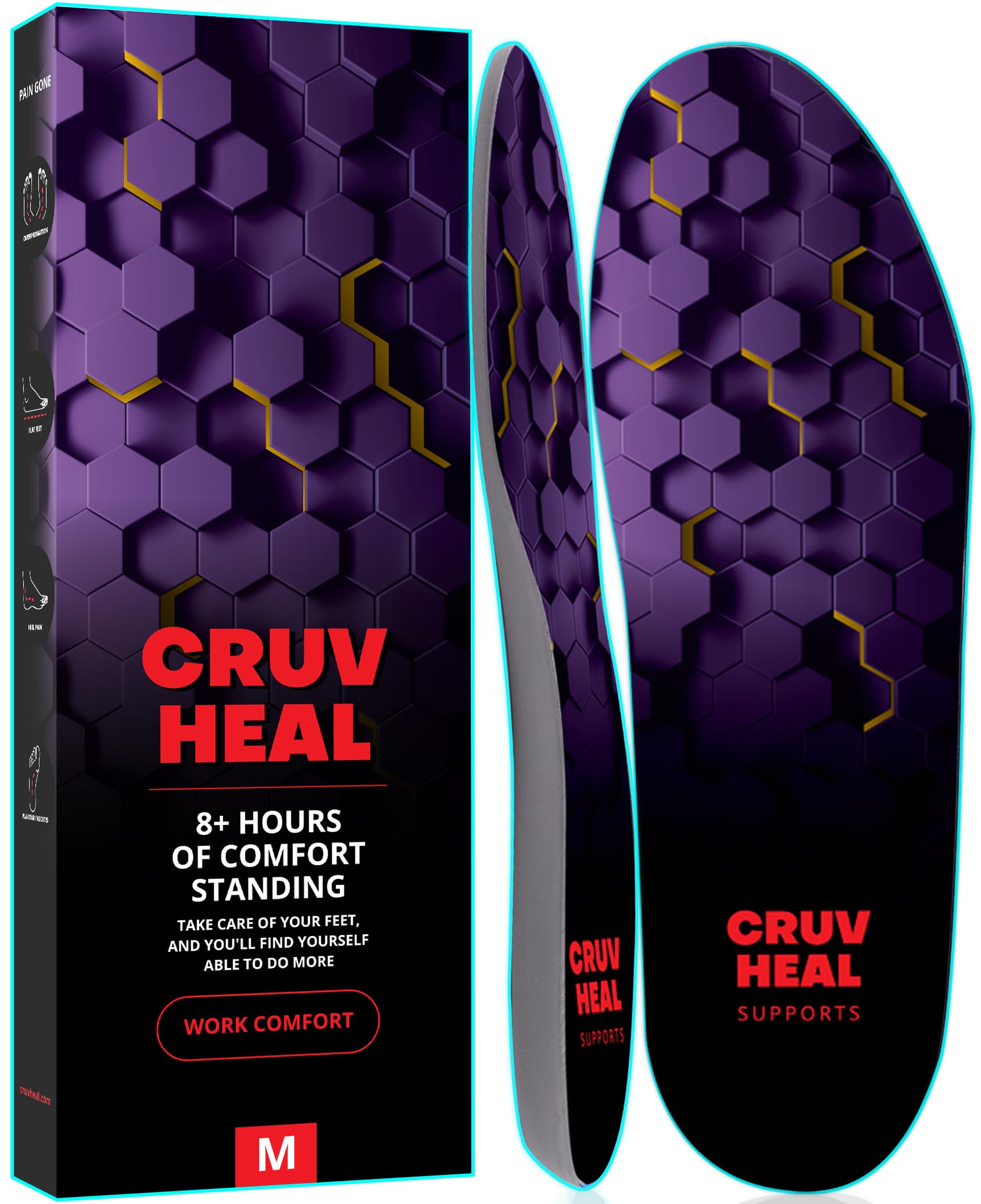 Photo 1 of (New) Work Comfort Orthotic Insoles - Anti Fatigue Shoe Insert Men Women - Low Arch Support - Shock Absorption - Foot Pain Relief - Work Boot Insoles (Violet Hexagons, M)