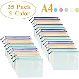 Mesh Zipper Pouch Waterproof Double Plastic Document Organizer Bag Zip File Folders A4 Size for Office School Supplies，Business Receipts, Magazine, Toys, Cosmetics,Travel Accessories 5 Colors，25 Pcs