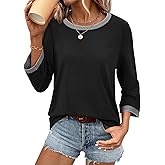 ATHMILE Women's Plus Size 3/4 Length Sleeve Tops Dressy Casual Striped Crew Neck Fall T Shirts Spring Blouse Summer Tunics Black