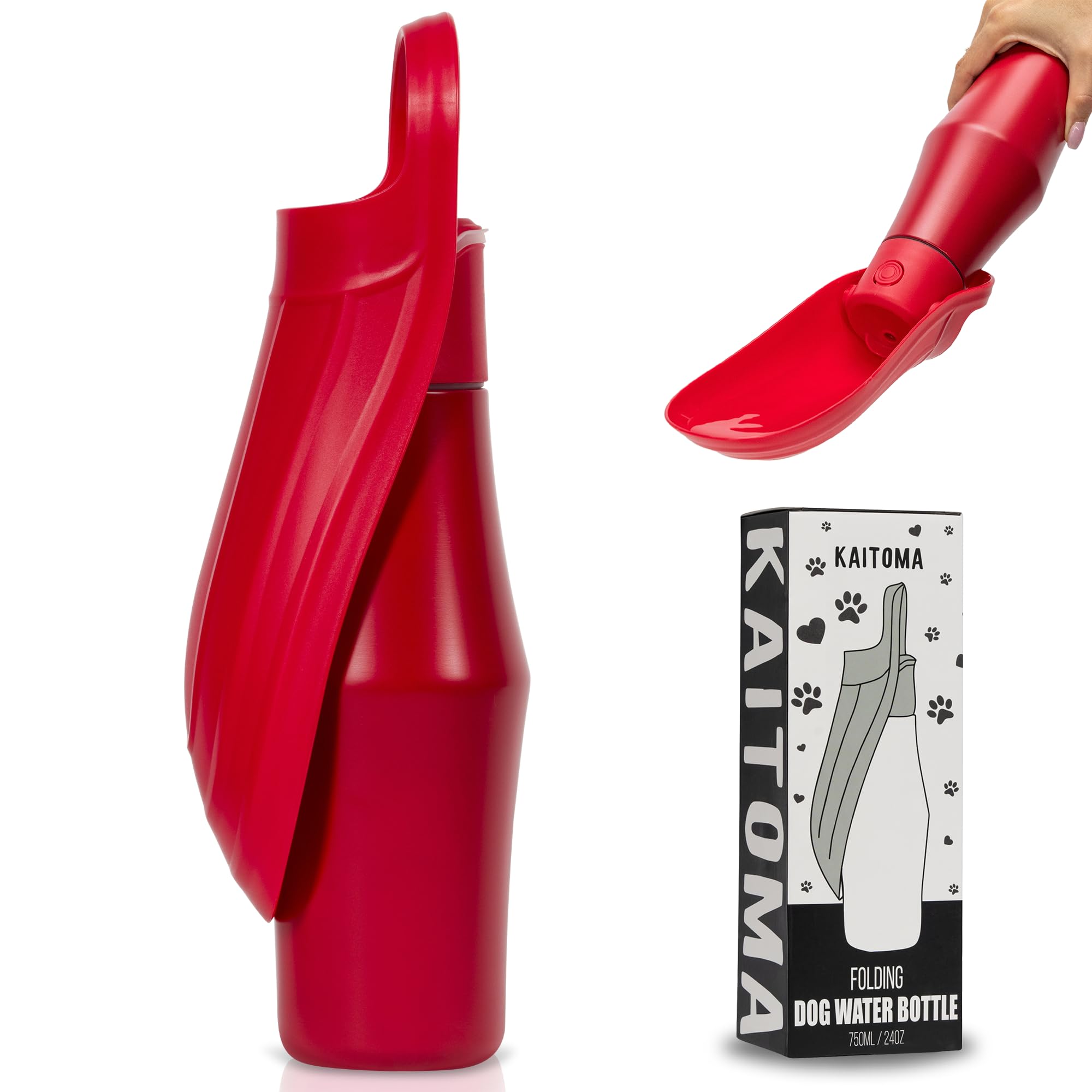 Kaitoma - Large Folding Dog Water Bottle, 750ml Stainless Steel, Leak Proof Portable Pet Dispenser, Drinking Bowl for Travel, Walking, Outdoors (Plum Red)