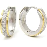 Stainless Steel Mens Hoop Earrings Zig Zag Stripe Gold-tone Black Bevel Edge