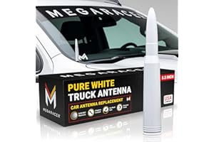 MEGA RACER Gloss White 50 Cal Bullet Antenna for Truck - Fits Ford F150 F250 Bronco RAM 1500 Chevy Silverado GMC Sierra Tundra Tacoma - Billet Aluminum, UV & Chip Resistant, Car Wash Safe, Short Replacement