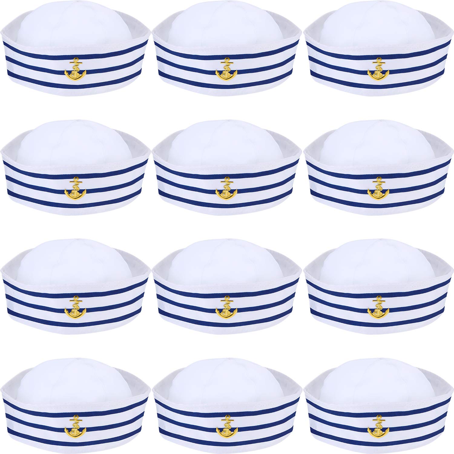 Photo 1 of 12 Pieces Sail Hats Blue with White Captain Sailor Hat for Men Women Costume Accessory Dressing up Party (Delicate Style)