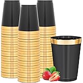 supernal 100pcs Black and Gold Plastic Cups 10oz Disposable Cups with Gold Rim, Elegant Black Plastic Cocktail Glasses for Wedding, Birthday, Parties
