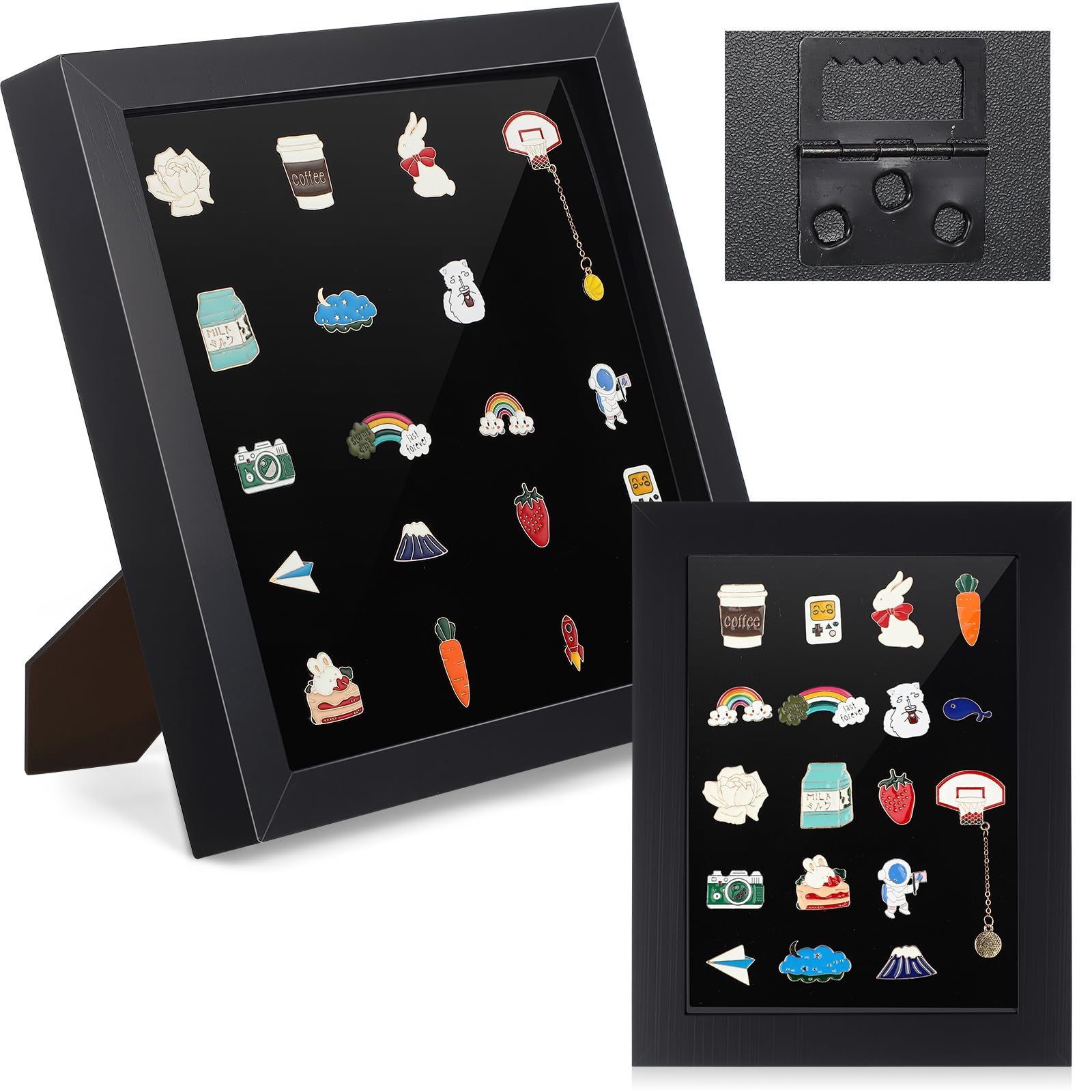 Photo 1 of **MINOR DAMAGE - USED**
Cinnvoice 2 Pcs Enamel Pin Display Frame, 11x11 and 7x9 Inch Shadow Box for Wall and Tabletop Pin Display Board, Medals, Jewelry Collection, Black, Christmas Gifts