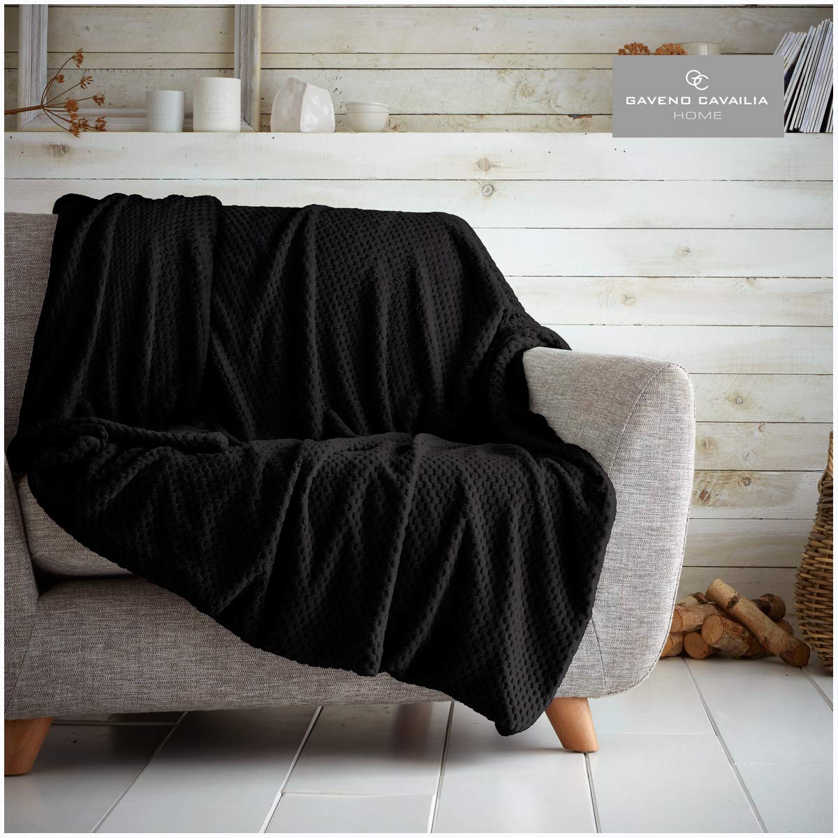 GC GAVENO CAVAILIA Gaveno Cavailia Popcorn Honey Comb Sofa Bed Blanket, Super Soft Fluffy Easy Care Lightweight Luxury Design, Cosy Warm Settee Waffle Throw-Over [King (200x240 Cm), Black], Polyester