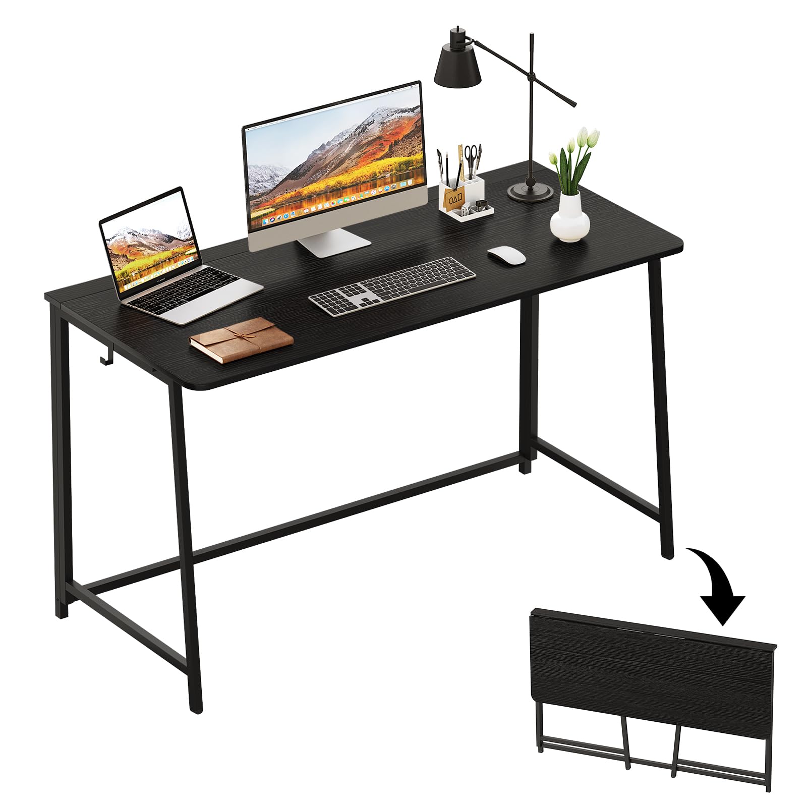Photo 1 of WOHOMO Folding Desk, 47.2" Foldable Computer Desk for Bedroom, Space Saving Computer Table Writing Workstation for Home Office, Easy Assembly, Black