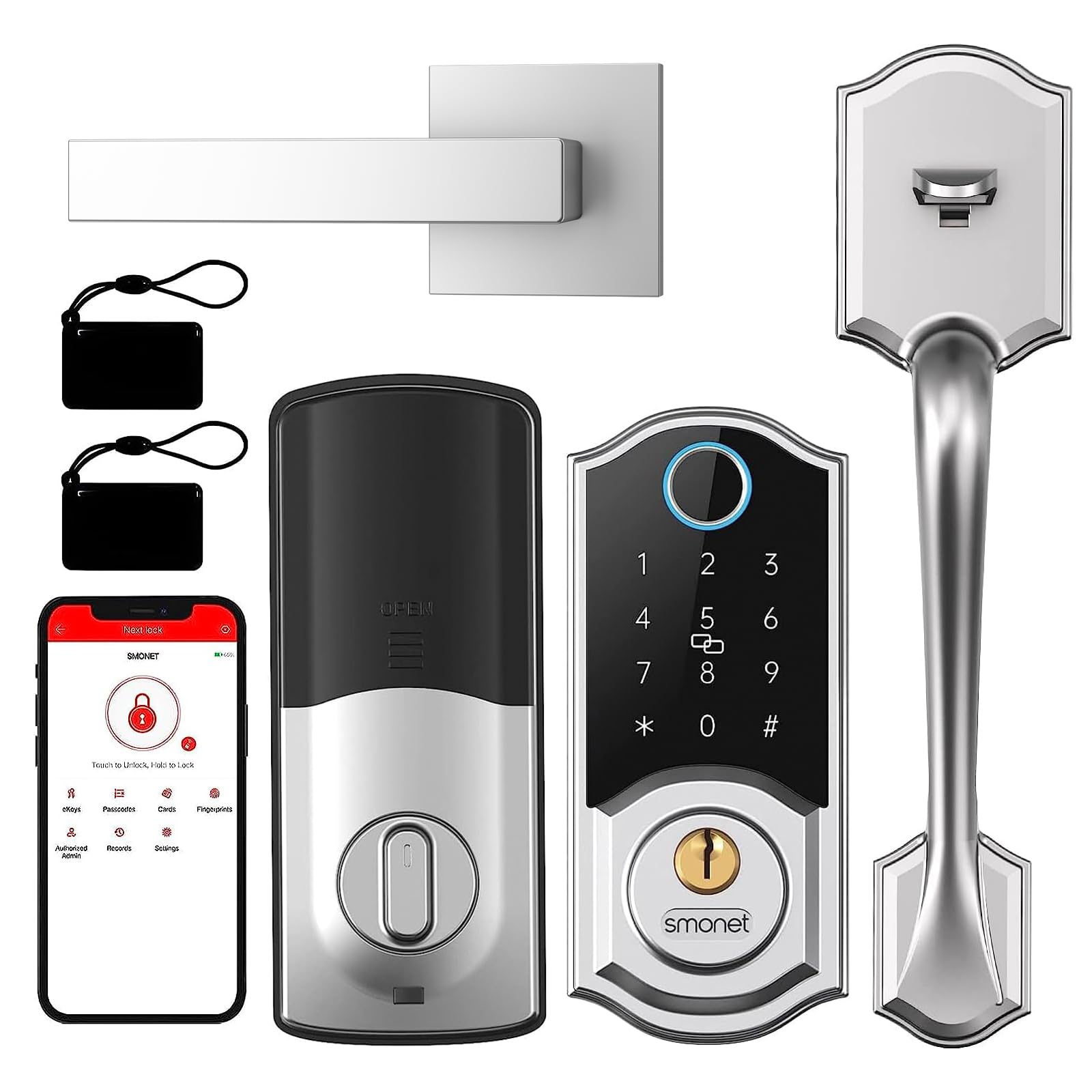 Photo 1 of *MISSING PARTS UNKNOWN*
Smart Front Door Lock Set: SMONET Keyless Entry Door Lock with Handle, Front Handle Set Fingerprint Smart Deadbolt Bluetooth Electronic Digital Keypad, Alexa Unlock Silver