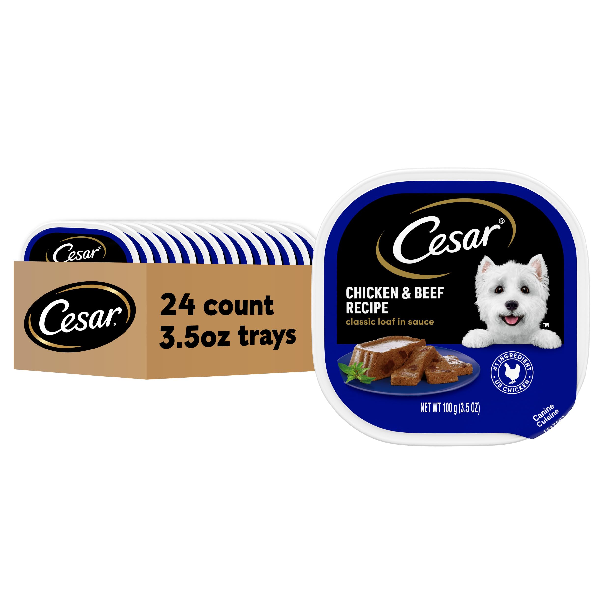 Photo 1 of ***BB 10/07/25***Cesar Wet Dog Food Classic Loaf in Sauce Chicken & Beef Recipe, 3.5 oz. Easy Peel Trays (24 Count, Pack of 1)