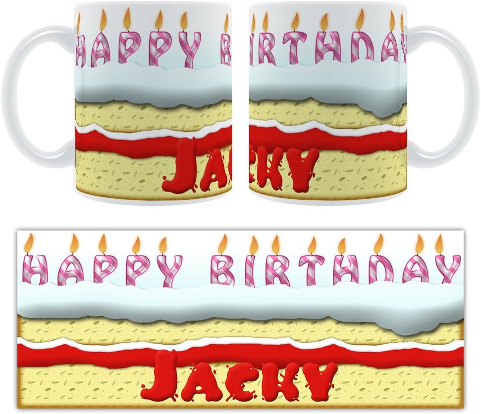 Happy Birthday Jacky Birthday Cake Personalised Ceramic Mug Amazon Co Uk Kitchen Home