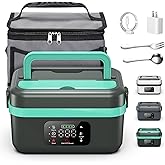 Electric Heated Lunch Box for Adults, EDCERATY Rechargeable 60W Self-Heating Food Warmer with 1L Stainless Steel Container, Fork, Spoon and Insulated Carry Bag for Work Men Car Truck(Grey+Green)