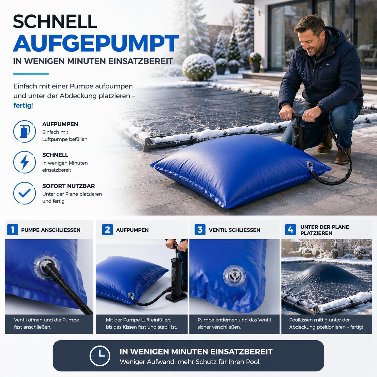 XXL Poolkissen zur Poolabdeckung 120 x 120 cm inkl. Seil – Rundes Luftkissen, Wintermittel für Abdeckung bei Winter und schlechtem Wetter, Zubehör für Pool Überdachung 6