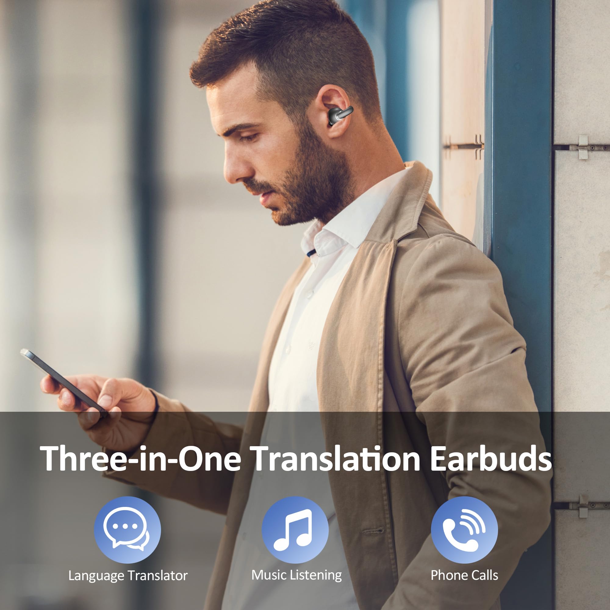 AI Language Translation Earbuds Real Time, IAMJOY Language Translator Earbuds Open Ear Clip-On Design, 163 Language & Accents Two-Way Translator Device with APP for Travel Learning Business, Black