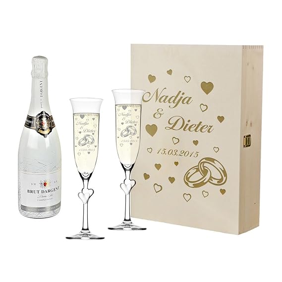 polar-effekt 2 Weisse Sektgläser mit Sekt-Flasche im Geschenkbox - Sektglas-Set Personalisiert mit Gravur - Geschenkidee für 