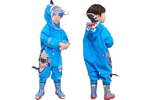 FEWLBY Toddler Boys Rain Suit Lightweight Waterproof Coveralls Cartoon Shark Hoodie Rain Jacket 2-4 years M Size