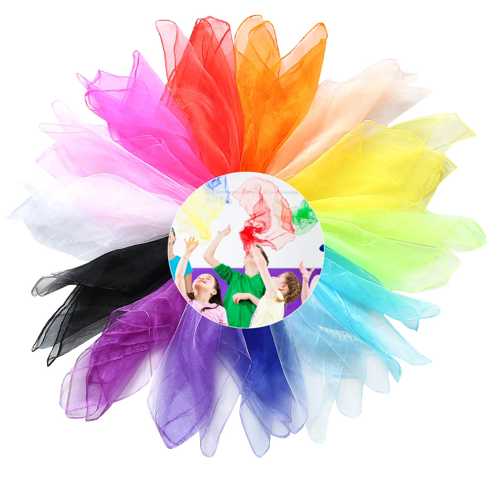 SumDirect Dance Scarves, Children Dance Juggling Scarf 60 x 60cm, Multicolor Square Silk Dance Scarf with Hemmed Edges, Baby Sensory Toys, Rhythm Band, Magic Performance Props Accessories（14 Colors）