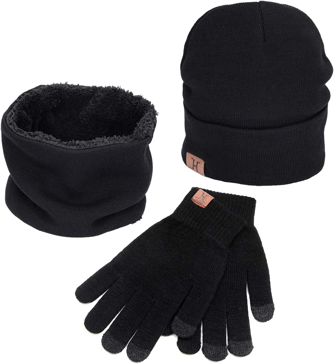 3 PCS Winter Beanie Hat Scarf and Touch Screen Gloves Set Fleece Lining Knit Skull Cap Set for Men Women