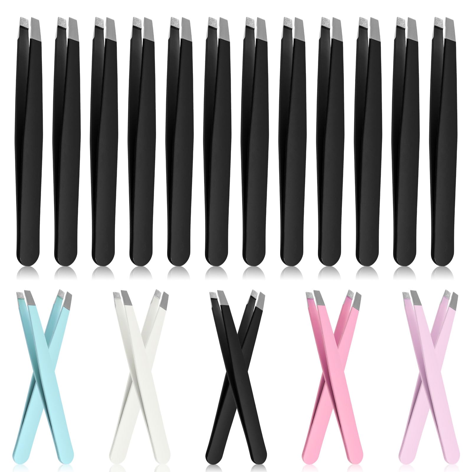 GLARKS 12Pcs Black Eyebrow Tweezers, Stainless Steel Slanted Tip, Professional Facial Hair Eyebrow Precision Tweezers for Men and Women
