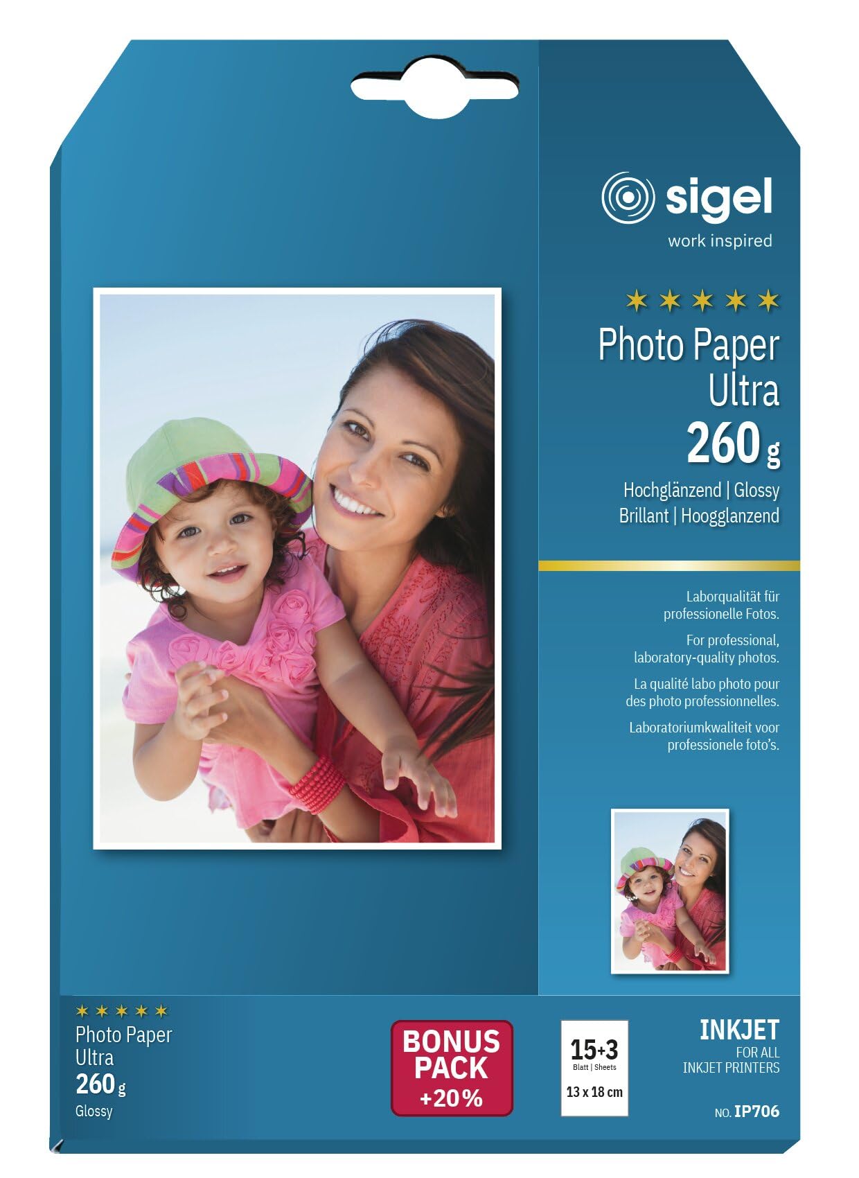 SIGEL IP706 InkJet Ultra Photo Paper, Photo Format, glossy, 260 gsm, 13x18 cm, 15+ 3 sheets