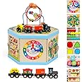 Wooden Activity Cube 9-in-1 Montessori Toys for 1+ Year Old Boys Girls Educational Learning Toys for Toddlers Age 1-2 One Year Old First Birthday Gift Bead Maze Magnetic Trains Track Shape Sorter