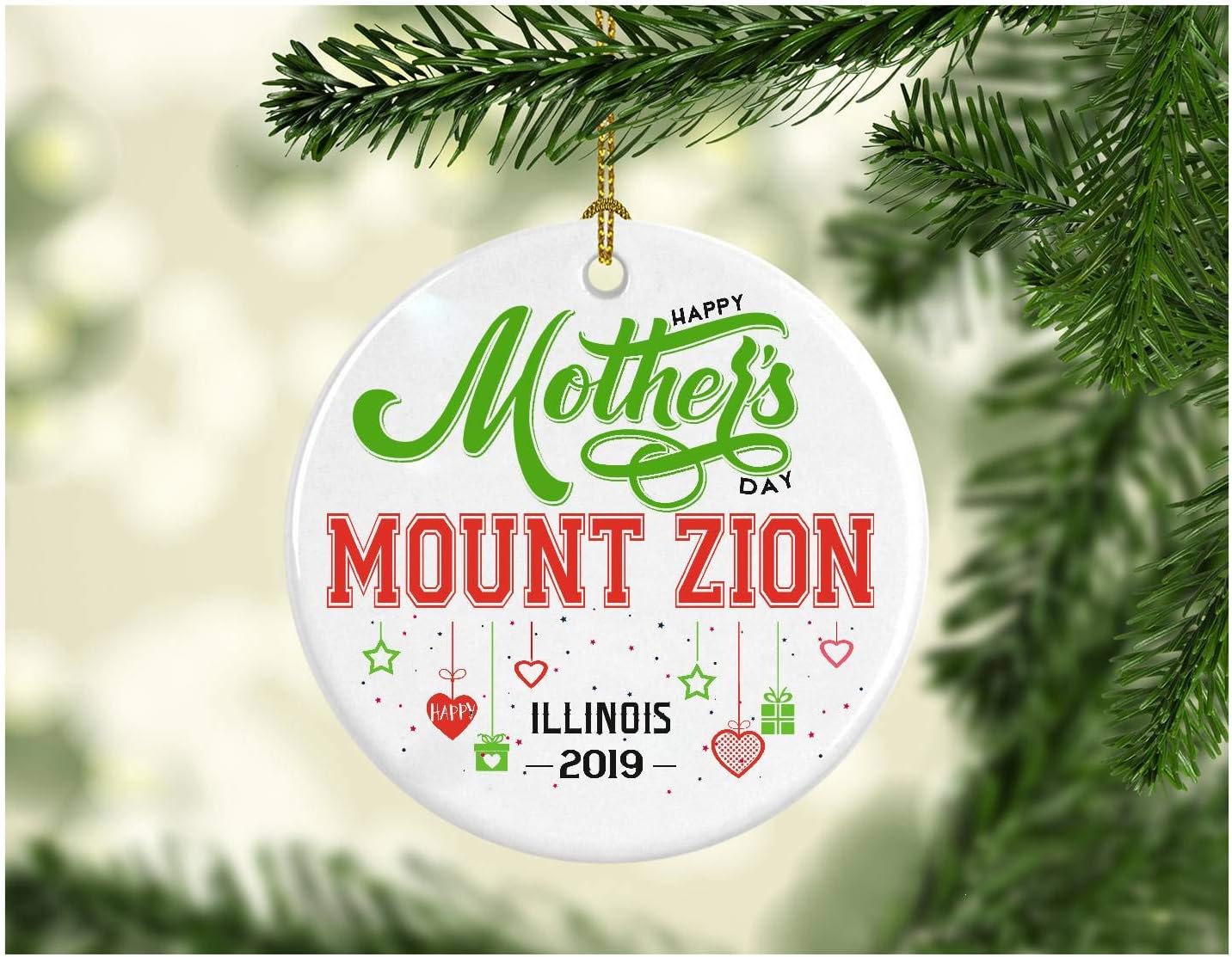 Ornaments For Mother's day Gift Ideas - Funny Hometown State - Happy Mother's Day Mount Zion Illinois IL Distance relationship Gifts Decoration Ornament Ceramic 3 Inches White