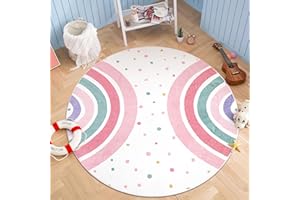 STARUIA Pink Round Rug for Girls, 5 Ft Rainbow Kids Rug for Nursery, Colorful Washable Rugs for Bedroom, Non-Slip Circle Time Rugs Soft Polka Carpet for Kids Room Princess Castle