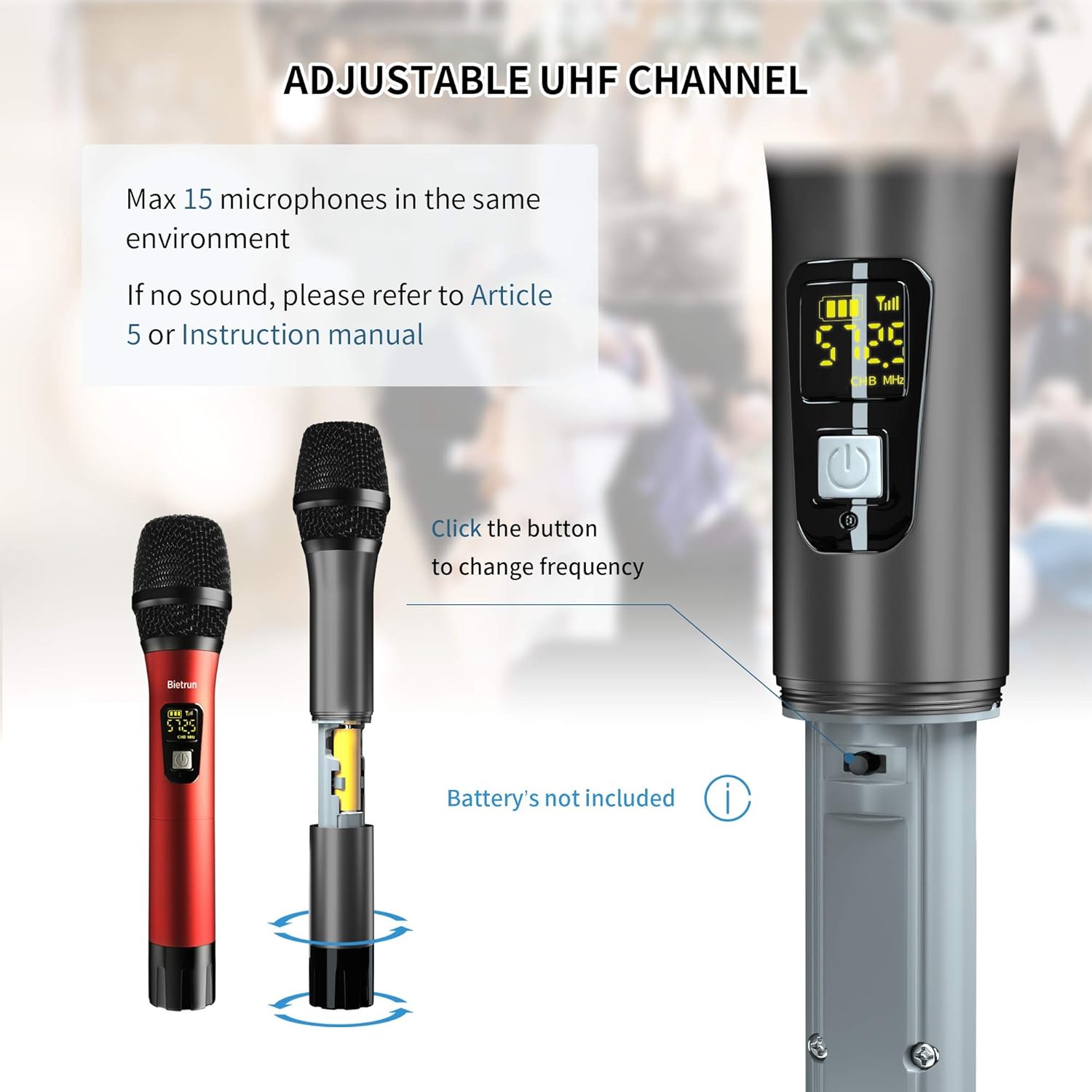Wireless Microphone, UHF Wireless Dual Handheld Dynamic Mic System Set with Rechargeable Receiver, 160ft Range, 6.35mm(1/4'') Plug, for Karaoke, Voice Amplifier, PA System, Singing Machine, Church: Musical Instruments