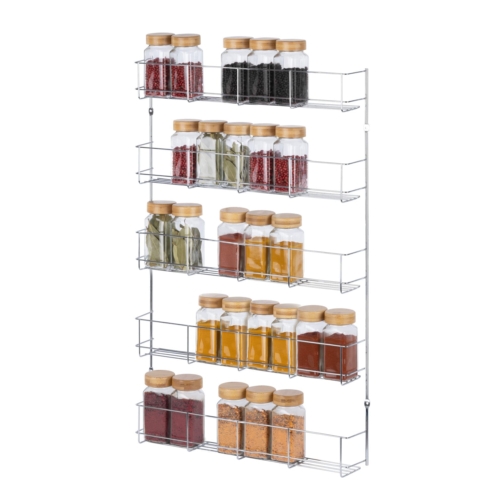 LIVIVO Chrome Spice Herb Jar Rack 40cm Wide Holder for Cupboard Door (5 Tier)