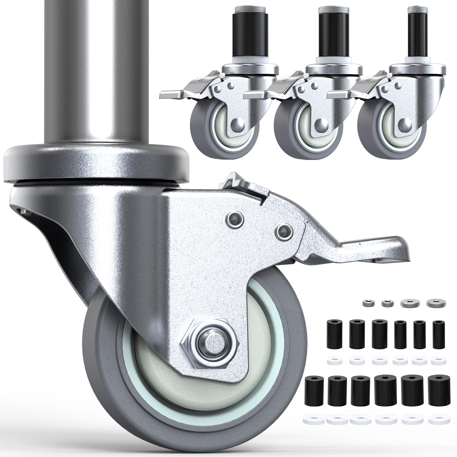 Photo 1 of HOLKIE Caster Wheels Locking 3 Inch Adjustable Expanding Stem Casters, Threaded Swivel Casters Set of 4 Heavy Duty Castors Black, Fit for Most Tube Leg, Stainless Steel Table, Cart, Furniture Legs