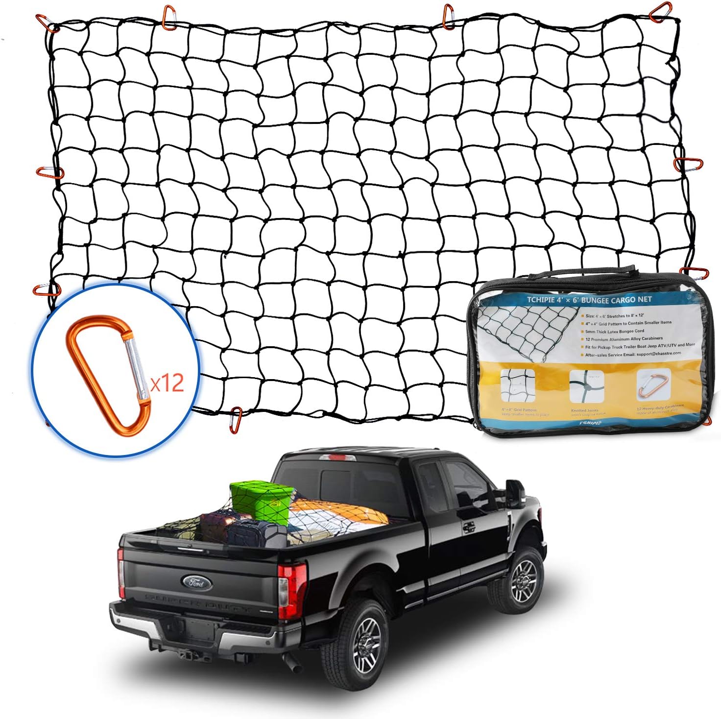 Stretches to 8x12 Ft Tchipie 4x6 Ft Bungee Cargo Net for Pickup Truck