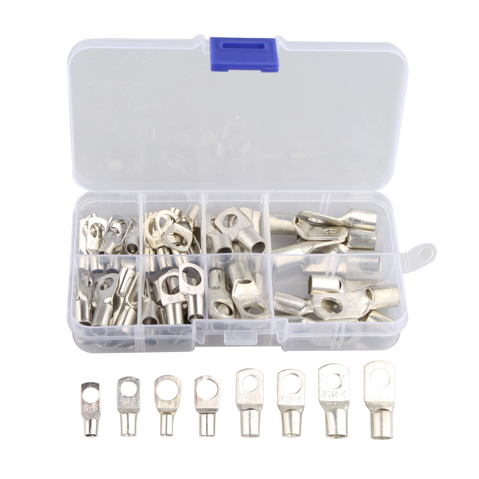 HALJIA 60PCS Bolt Hole Tinned Copper Terminals Set-Wire Connector Cable lugs Ring Battery SC Terminals Set Marine Grade Cold-Pressed Crimp Type (SC6-6 SC6-8 SC10-6 SC10-8 SC16-6 SC16-8 SC25-6 SC25-8)