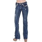 Women's Ripped Bootcut Jeans Mid Rise Flare Bottoms Vintage Distress with Rhinestone Pockets S96-PB