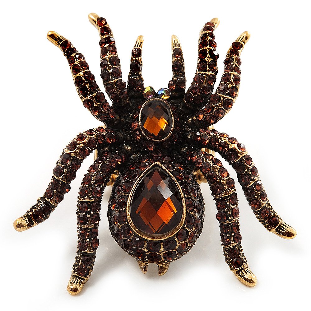 Avalaya Oversized Amber Coloured Crystal Spider Stretch Cocktail Ring (Antique Gold Tone)