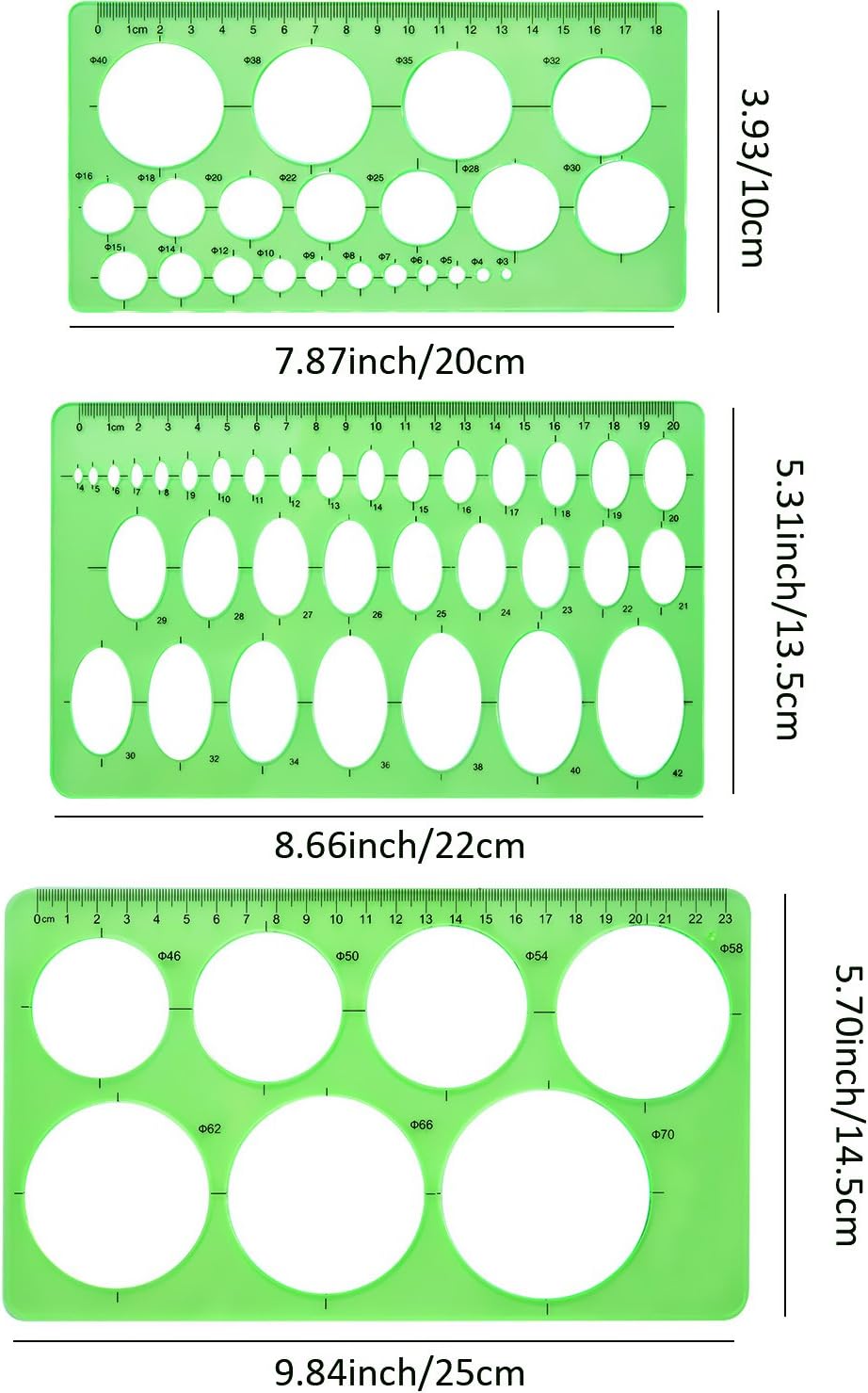 Hestya Circle Template 3 Pieces Plastic Circle and Oval Templates Measuring Templates Rulers Digital Drawing for Office and School Building Formwork Drawings Templates (Clear Green) : Office Products