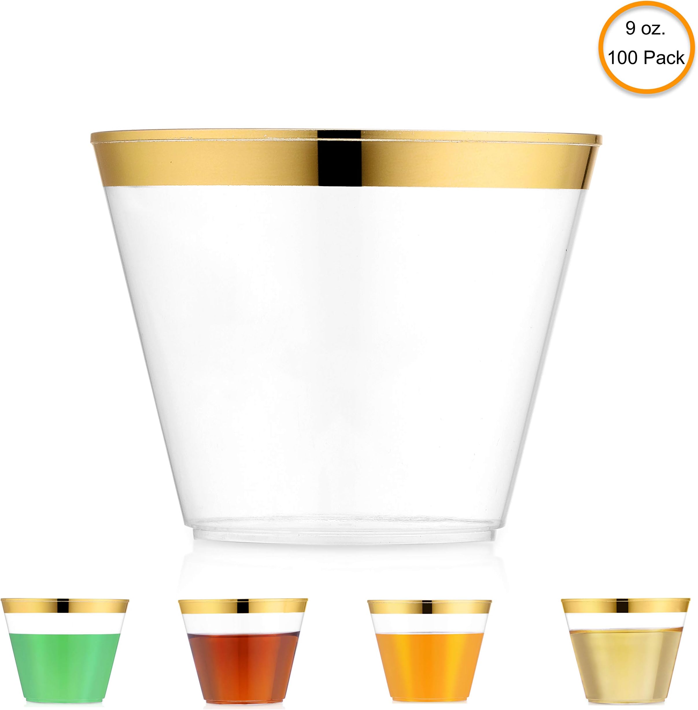100 Premium Gold Rim Clear Plastic Cups (9 oz) – Fancy Disposable Wine Glasses for Wedding, Bridal Shower, Cocktail Party & Birthday Celebration - Elegant Golden Trimmed Cup for Juice, Wine & Spirit