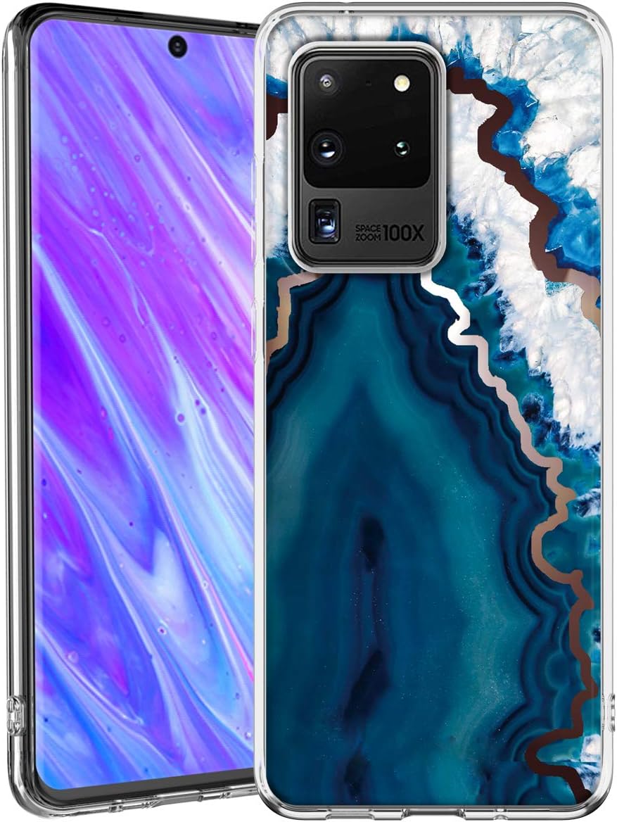 Galaxy S20 Ultra Case,IN4U Scratch Proof Hard Back Agate Design with Gold Foil Anti-Shock Soft TPU Bumper Slim Fit Cover for Samsung Galaxy S20 Ultra (Blue Agate)