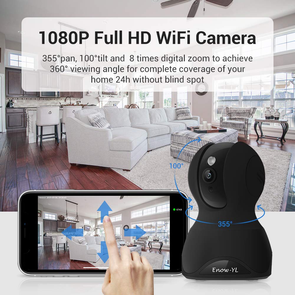 Home Security Camera, Enow-YL Baby Monitor Wireless Pet IP Camera 1080P HD Indoor Wifi Dome Camera with Motion Detection Night Vision 2 Way Audio Cloud Service, Work with Alexa (Black)