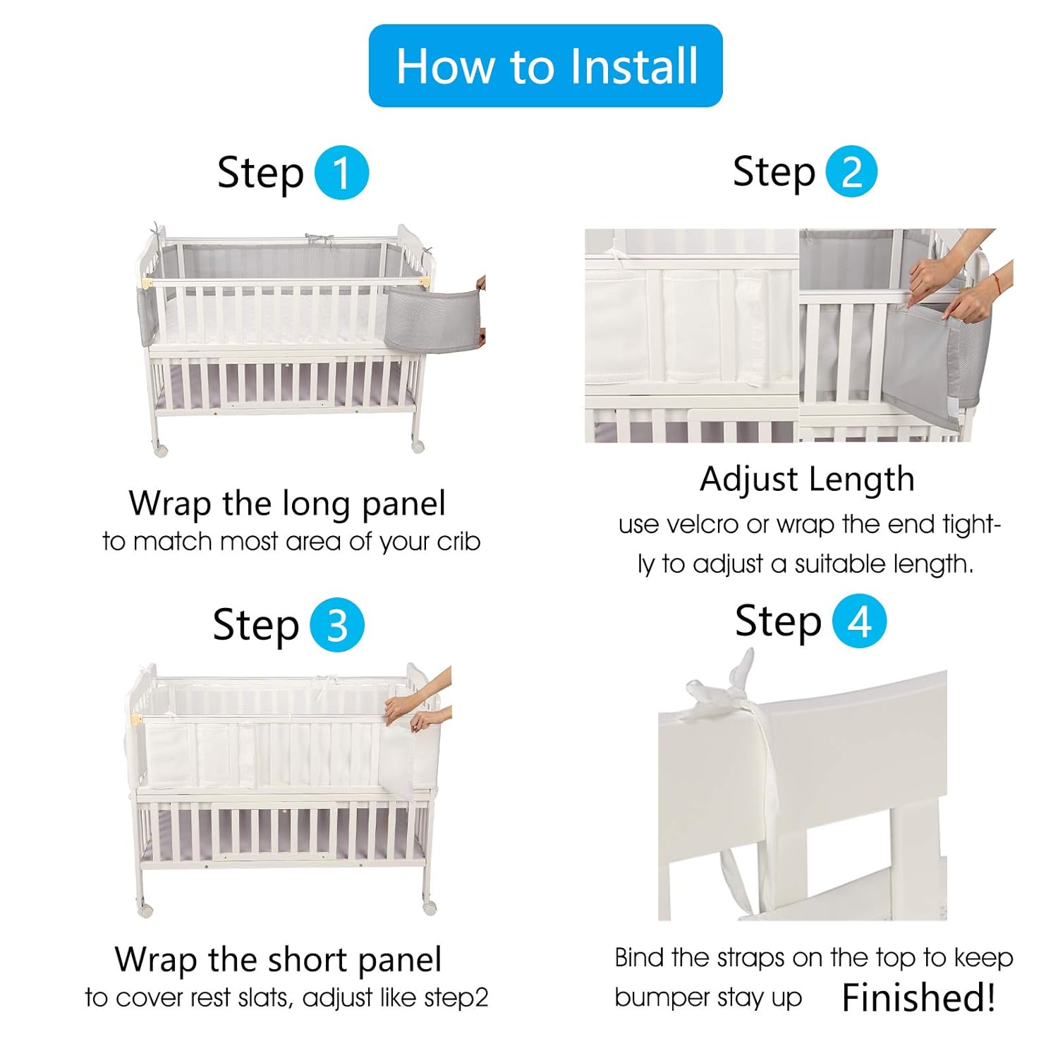 Caroeas Babycare Crib Bumper, Adjustable Padded Breathable Crib Bumper, Fits Standard and Other Cribs, Soft Crib Bumper Pads Full Protection, Mesh Crib Bumper (Grey) : Baby