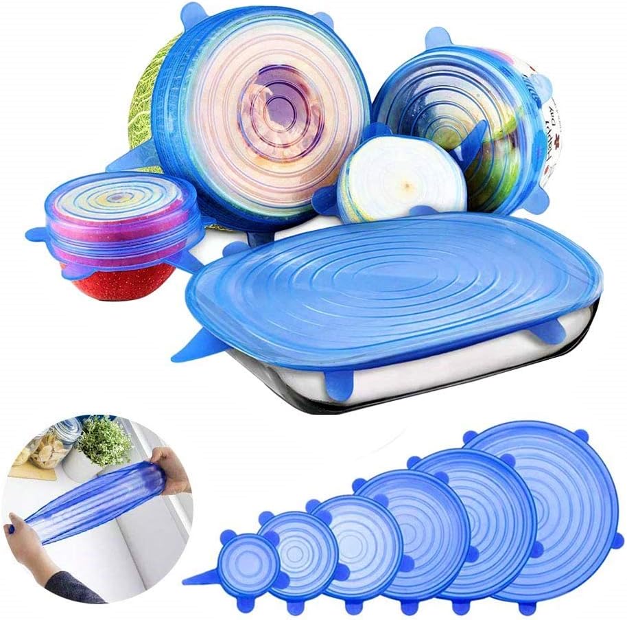 Shuban Silicone Stretch Lids Reusable Food Container Cover Seal for Bowls, Mugs, Jars, Pots, Cans Expandable, Eco-Friendly, BPA-Free, Microwave, Freezer, Dishwasher Safe (Blue) - Set of 6